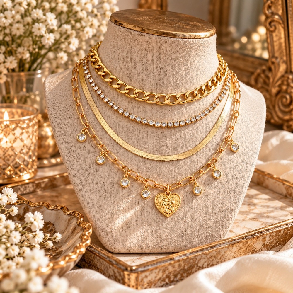 Gold-Plated Layered Necklace Set 4pc Rhinestone Heart Pendant Y2K Glam Statement